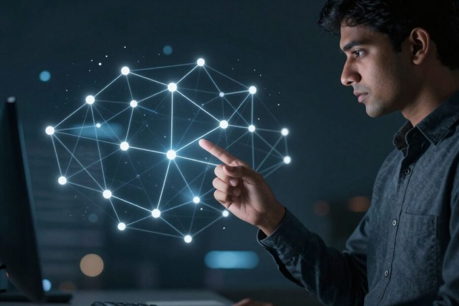 Person analyzing digital network for SaaS vendor risk.